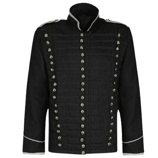 Men's Black Hussar Military Parade Jacket with Epaulettes & Brass Buttons| Custom coat
