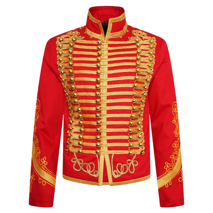 Men's Red Hussar Military Jacket with Gold Braided Embroidery|Parade Style Uniform Jacket