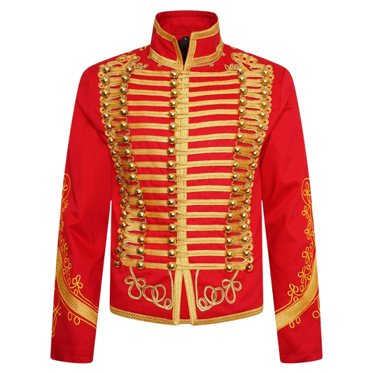 Men's Red Hussar Military Jacket with Gold Braided Embroidery|Parade Style Uniform Jacket