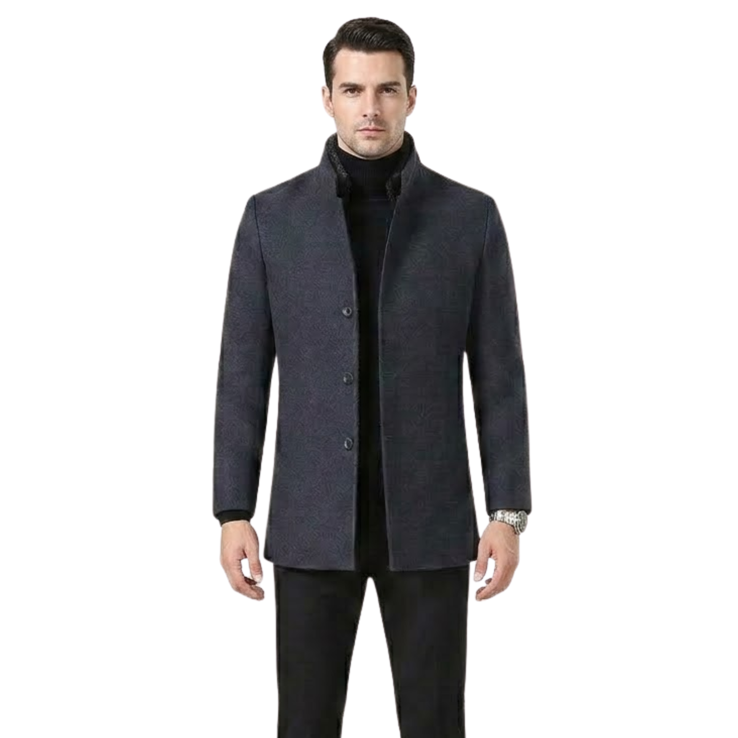 Men’s Classic Stand Collar Wool Blend Overcoat – Elegant Single Breasted Winter Coat