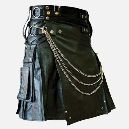 Men’s Black Leather Utility Kilt with Chains – Gothic Punk Style with Cargo Pocket