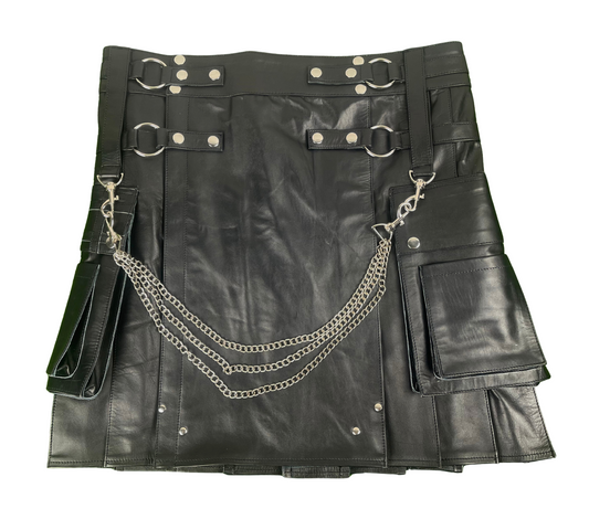 Men's Black Leather Utility Kilt with Chains | Gothic Biker Style Kilt | Steampunk Leather Kilt for Men