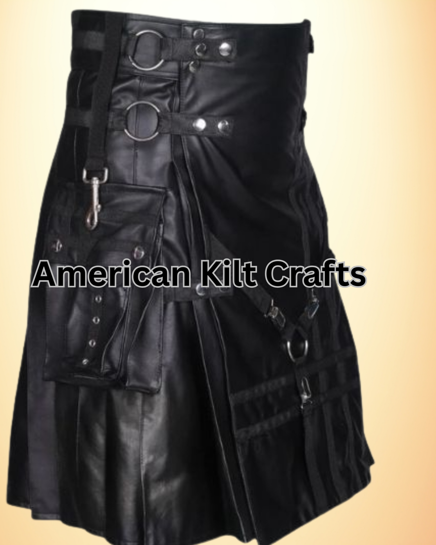 Men's Black Gothic Leather Kilt with Pleated Back and Large Pockets