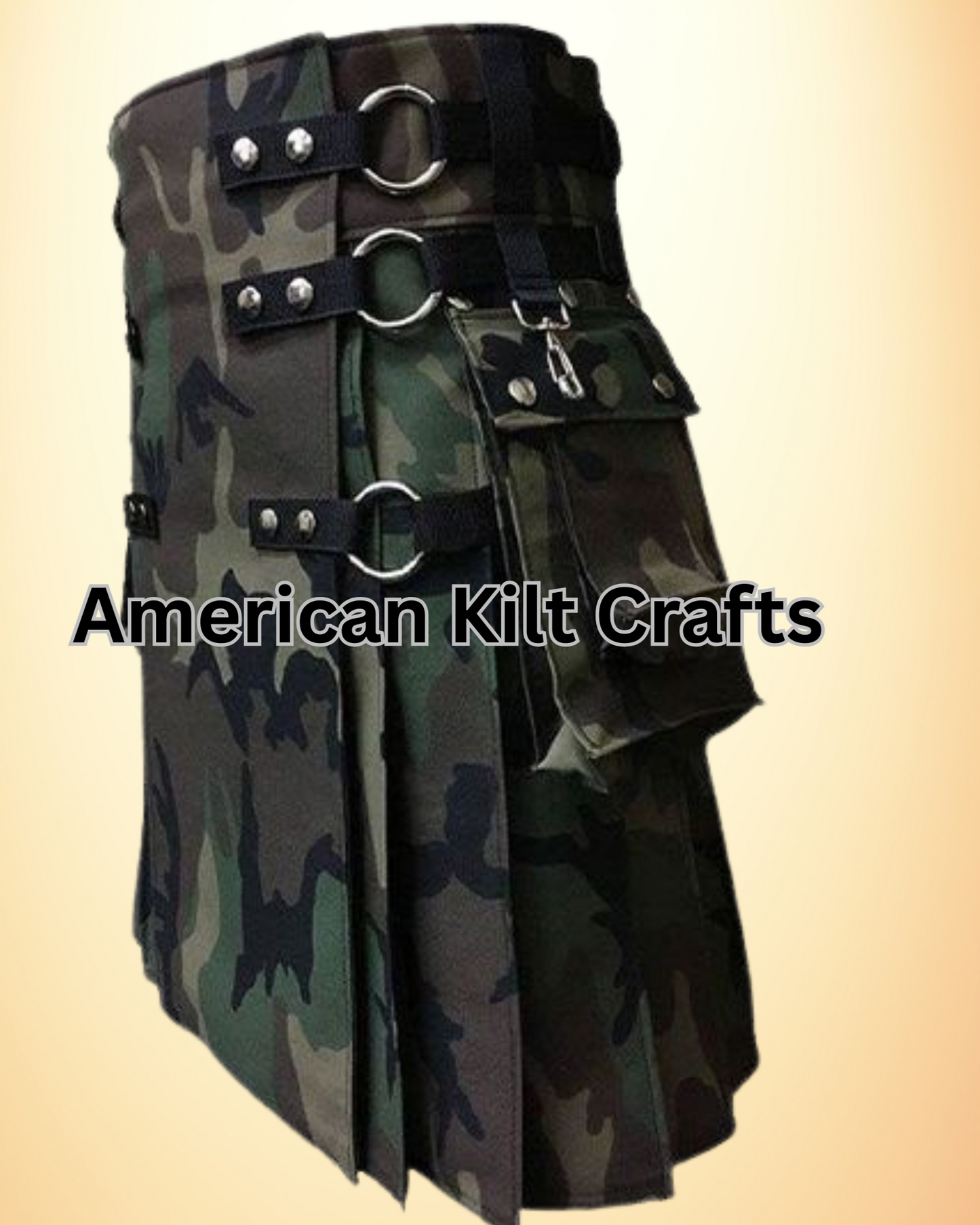 Woodland Camouflage Gothic Utility Kilt with Pleated Back and Multiple Pockets