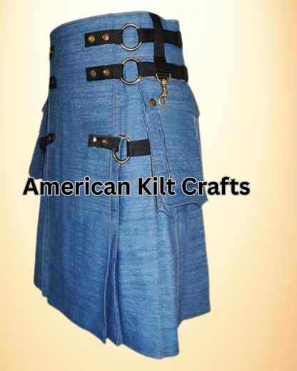 Modern Gothic Blue Denim Kilt with Detachable Apron