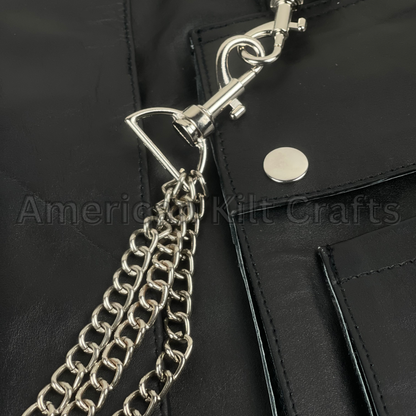 Men's Black Leather Utility Kilt with Chains | Gothic Biker Style Kilt | Steampunk Leather Kilt for Men