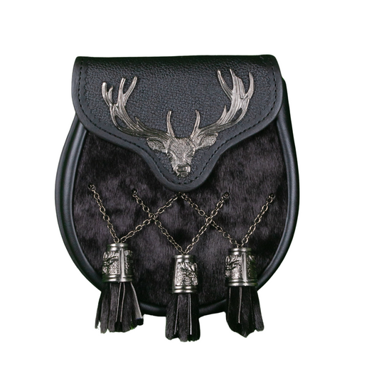 Highland Black Fur Sporran with Stag Emblem – Celtic Kilt Accessory