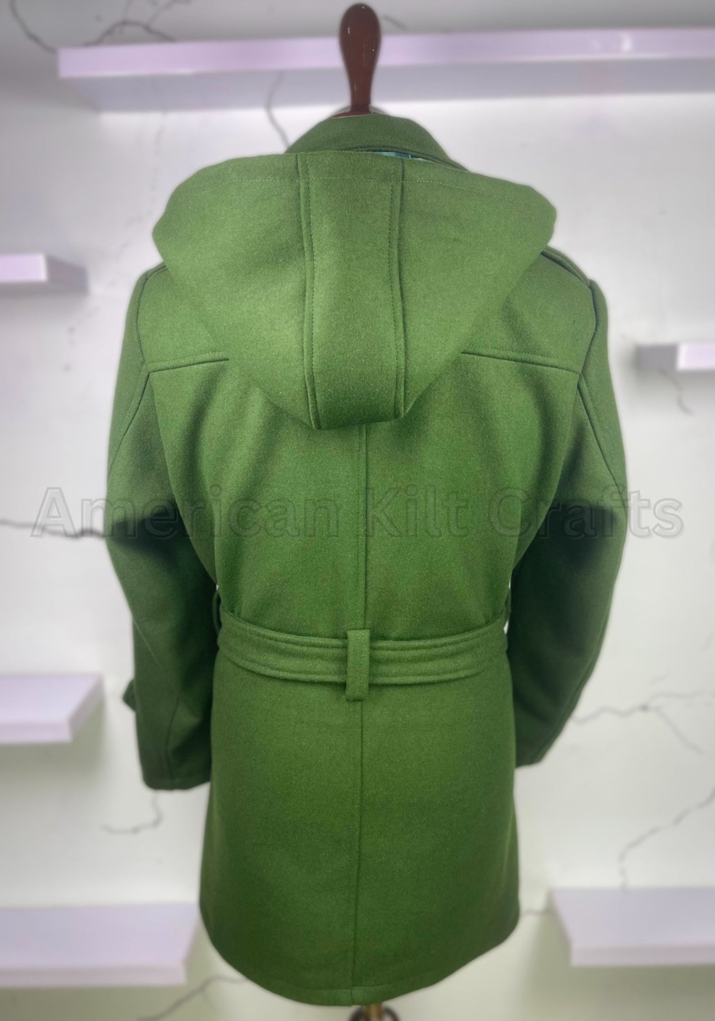 Women's Hooded Olive Green Wool Pea Coat – Double Breasted Winter Trench coat