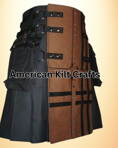 Black and Brown Utility Kilt with Pockets and Buckle Straps