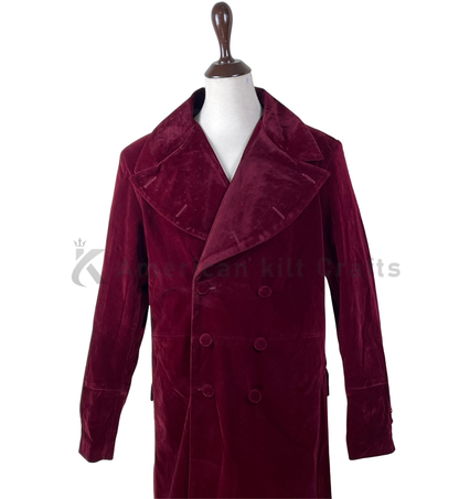 Maroon Velvet Sci-Fi Frock Coat – Vintage Double-Breasted Great Coat