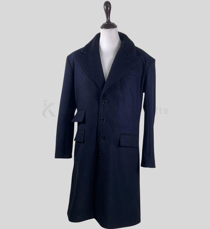 Men’s Dark Blue Wool Long Overcoat | Classic Chesterfield Style Winter Coat