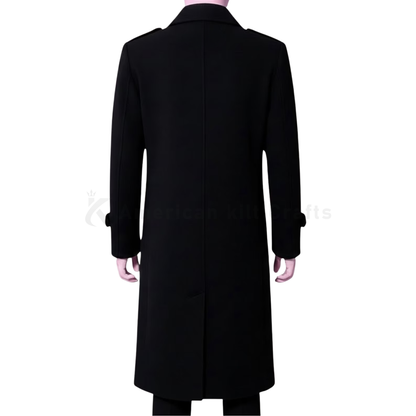 Men’s Black Wool Blend Military Overcoat – Double Breasted Long Trench Coat