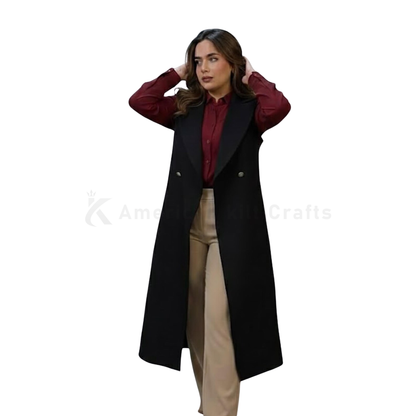 Handmade Wool Maxi Vest – Sleeveless Longline Black Trench Waistcoat for Women