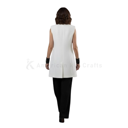 Women’s Wool Sleeveless Coat – Collarless Longline Vest, Above Knee Length