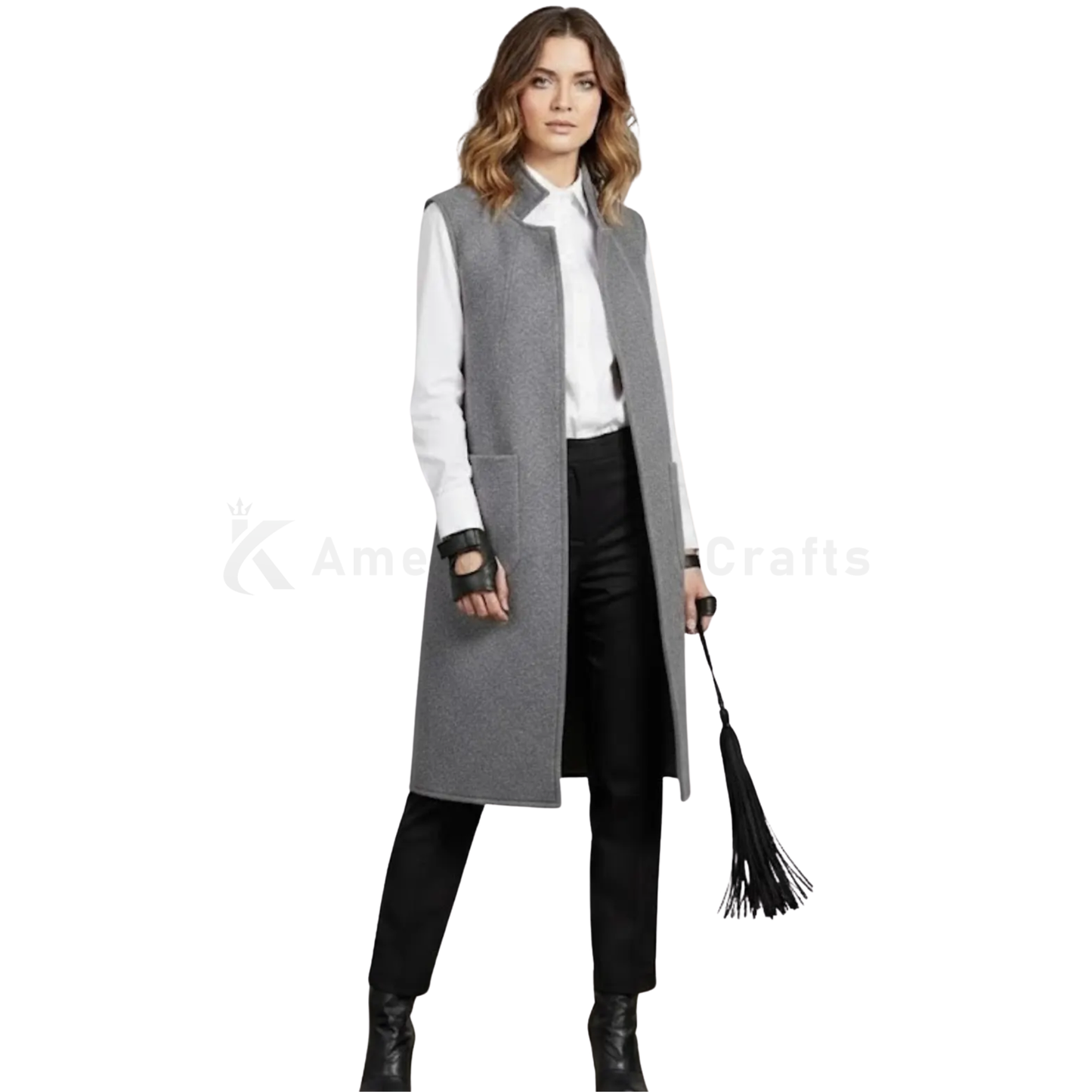 Women’s Gray Wool Sleeveless Vest Coat – Knee Length Wool Waistcoat with Pockets