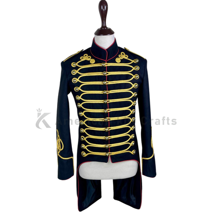 Men’s British Hussar Military Jacket– Black & Red Gold Braided Tailcoat| Historical Uniform