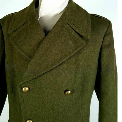 Men's Full-Length Military Officer Greatcoat - Olive Green Wool Blend Winter Overcoat