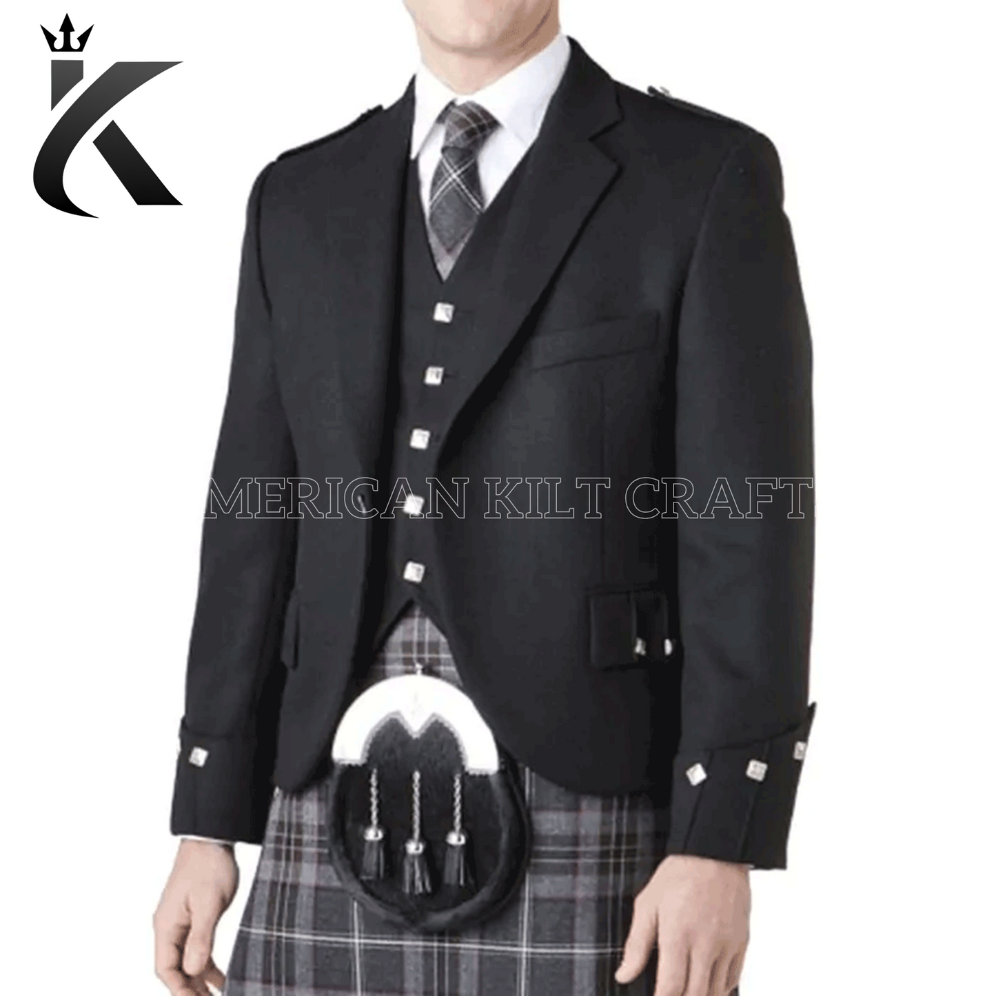 Scottish Black Worsted Flannel Fabric Argyle Jacket and Vest