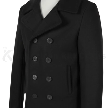 Men’s Black Wool Pea Coat – Heavy Double-Breasted Military Winter Overcoat