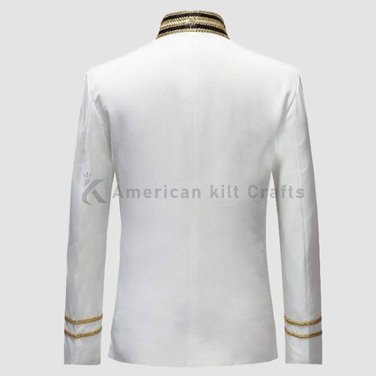 Men’s Notched Lapel Cotton Dinner Coat |White Vintage Wedding Suit Jacket | Gold Braided Formal Party Jacket