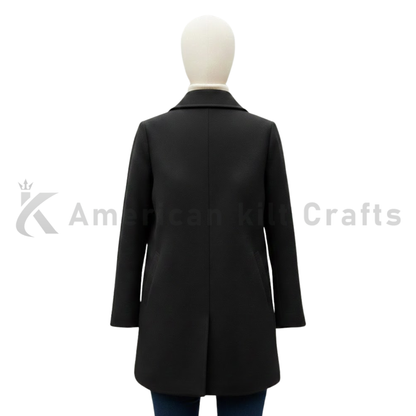 Women’s Black Double Breasted Wool Coat - Classic Pea coat Overcoat | Knee Length Winter Outerwear