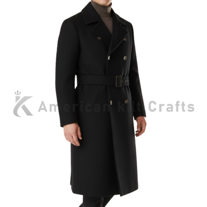 Men’s Double Breasted Wool Blend Trench Coat with Belt