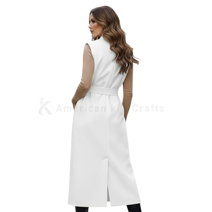 Handmade Elegant Wool Sleeveless Trench Coat for Women – Longline Maxi Belted