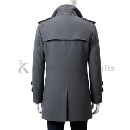 Men's Double-Breasted Grey Wool Blend Overcoat - Lapel Collar Winter Jacket