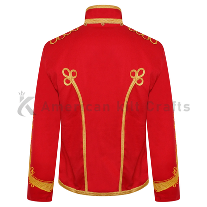 Men's Red Hussar Military Jacket with Gold Braided Embroidery|Parade Style Uniform Jacket