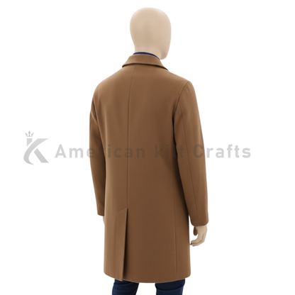 Men’s Wool Blend Overcoat Tan Camel - Single Breasted Winter Coat with Fold Down Collar - Classic Formal Outerwear