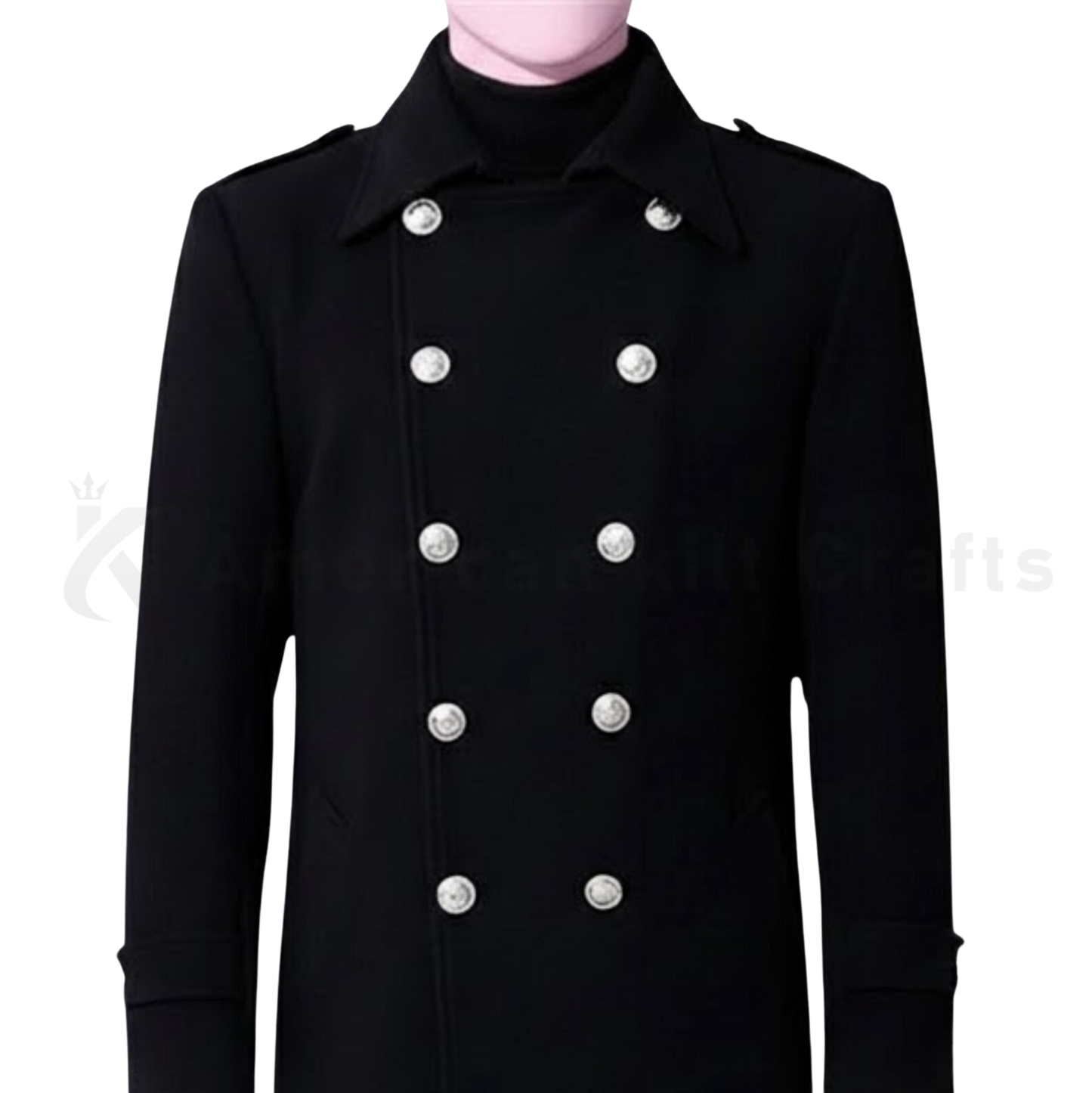 Men’s Black Wool Blend Military Overcoat – Double Breasted Long Trench Coat