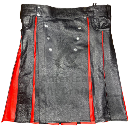 Men's Gladiator Hybrid Leather Kilt | Black & Red Pleated Utility Kilt | Scottish Fashion, Gothic & Steampunk Style