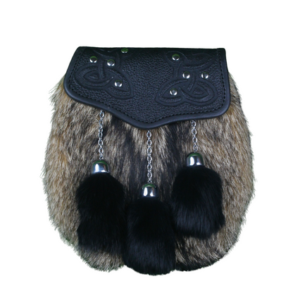 Traditional Scottish Kilt Sporran – Real Fur with Celtic Knot Leather Flap & Tassels