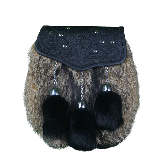 Traditional Scottish Kilt Sporran – Real Fur with Celtic Knot Leather Flap & Tassels