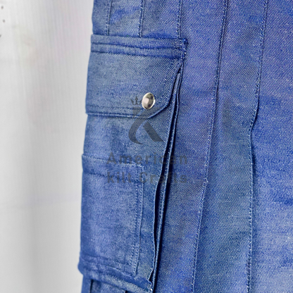 Men’s Blue Denim Utility Kilt – Modern Casual Jean Kilt with Side Pockets – Stylish Denim Workwear Kilt for Men