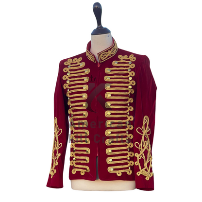 Men’s Red Velvet Military Hussar Jacket | Gold Braided Parade Uniform | Vintage Officer Band Jacket Coat