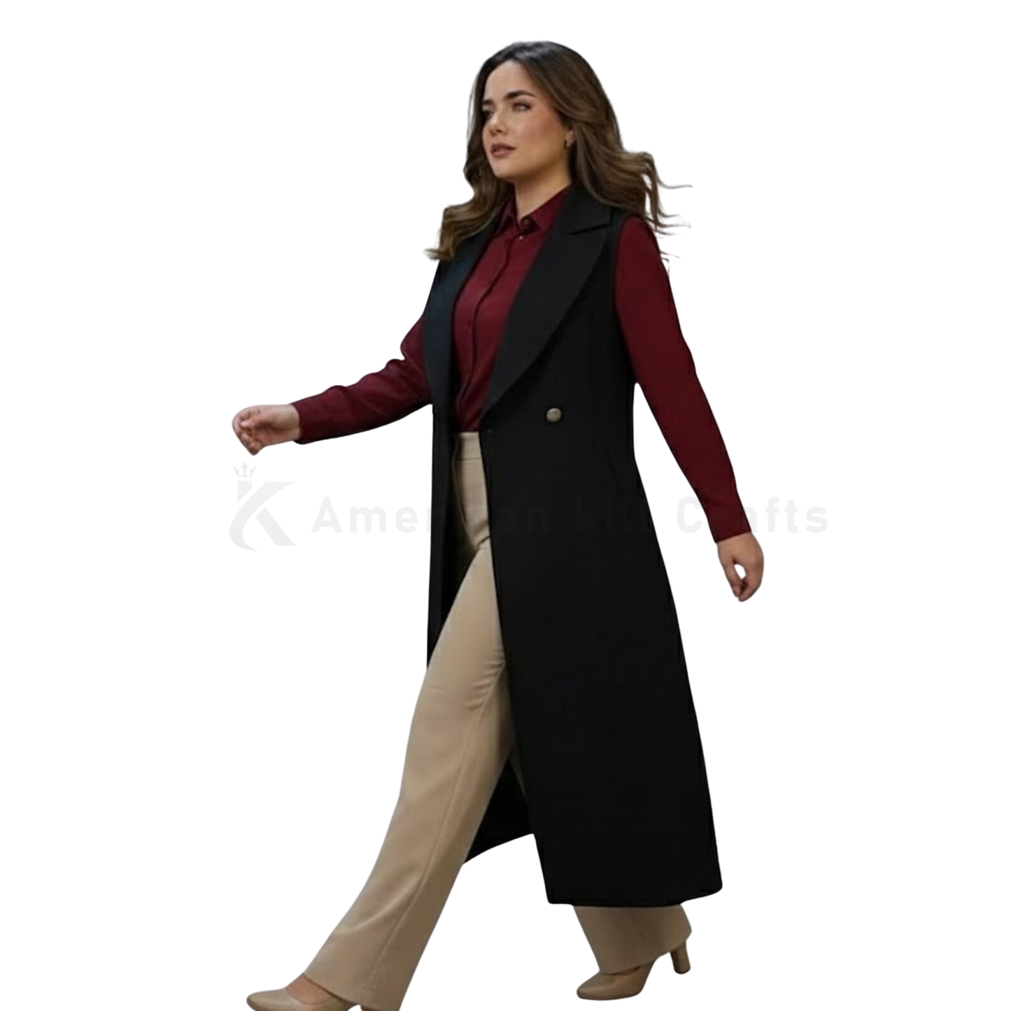 Handmade Wool Maxi Vest – Sleeveless Longline Black Trench Waistcoat for Women