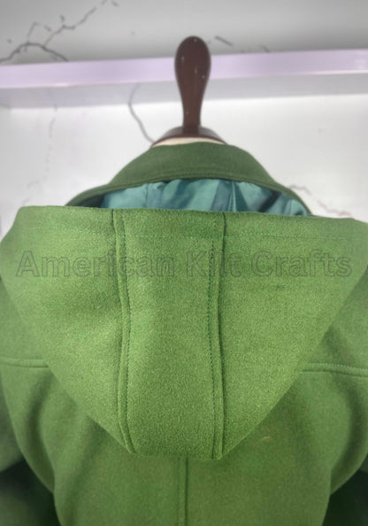 Women's Hooded Olive Green Wool Pea Coat – Double Breasted Winter Trench coat