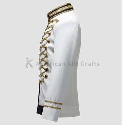 Men’s Notched Lapel Cotton Dinner Coat |White Vintage Wedding Suit Jacket | Gold Braided Formal Party Jacket