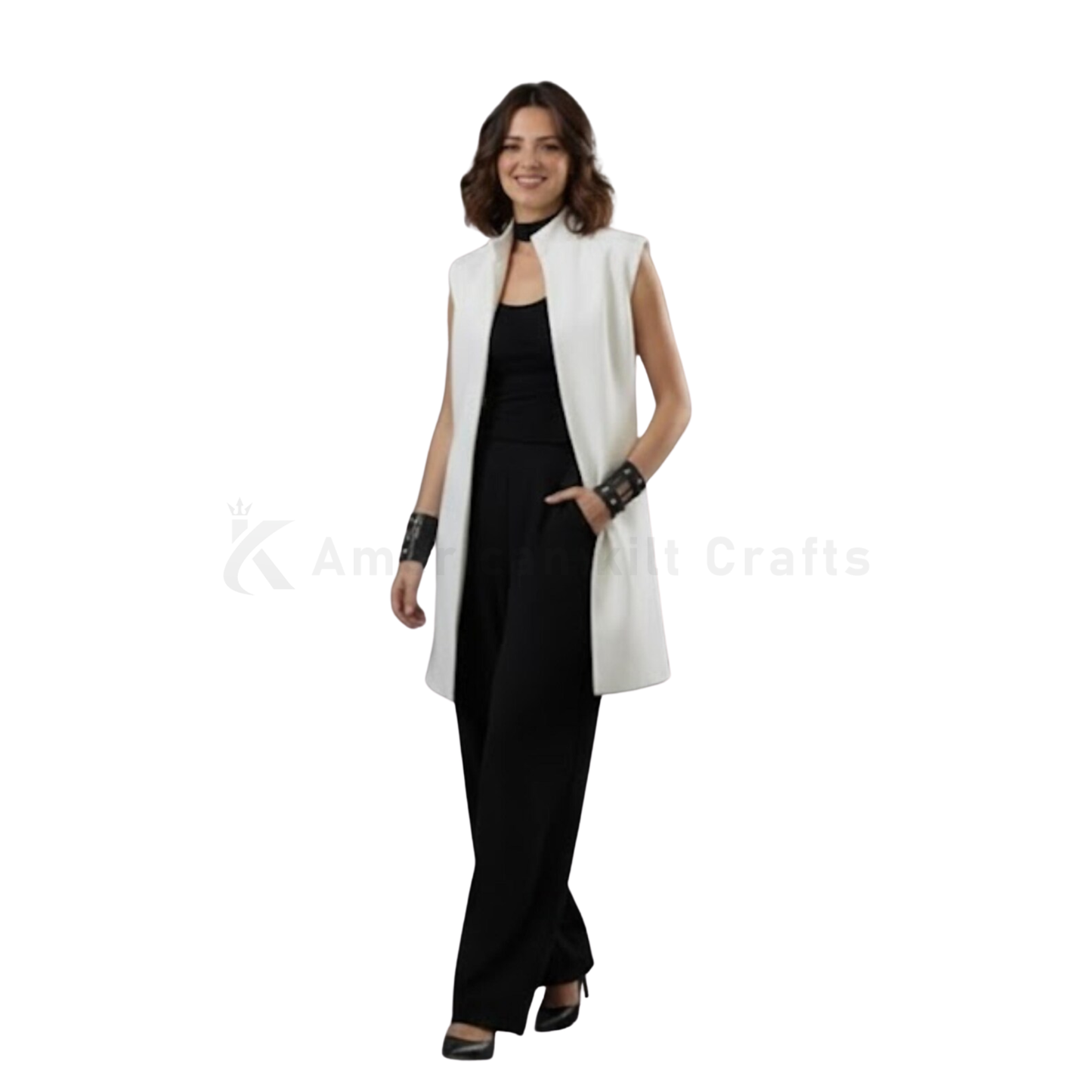 Women’s Wool Sleeveless Coat – Collarless Longline Vest, Above Knee Length