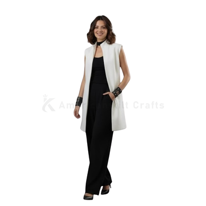 Women’s Wool Sleeveless Coat – Collarless Longline Vest, Above Knee Length