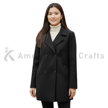 Women’s Black Double Breasted Wool Coat - Classic Pea coat Overcoat | Knee Length Winter Outerwear