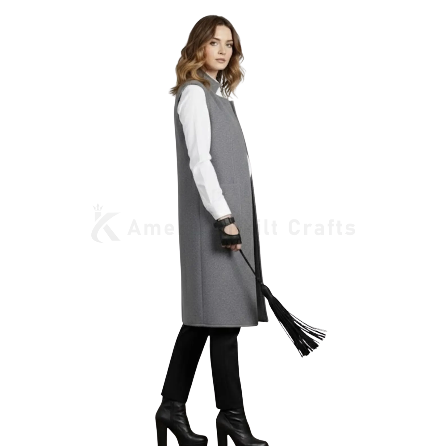 Women’s Gray Wool Sleeveless Vest Coat – Knee Length Wool Waistcoat with Pockets
