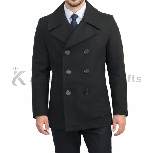 Men’s Black Pea Coat | Military Style Wool Jacket | Double-Breasted Winter Coat