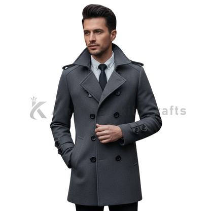 Men's Double-Breasted Grey Wool Blend Overcoat - Lapel Collar Winter Jacket