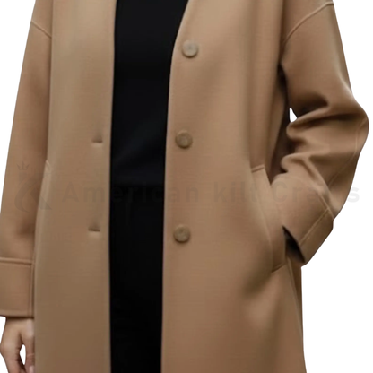 Women’s Camel Wool Overcoat – Straight Cut Minimalist Long Winter Coat
