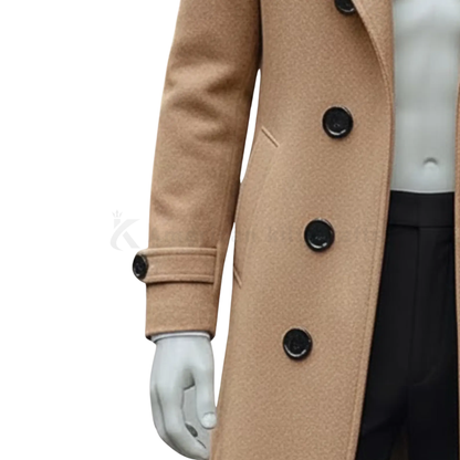 Men’s Classic Camel Wool Overcoat – Double-Breasted Knee-Length Winter Coat