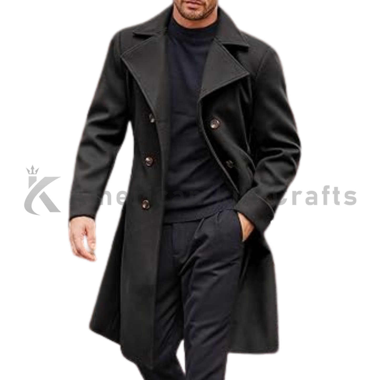 Men’s Double Breasted Wool Blend Trench Coat with Belt