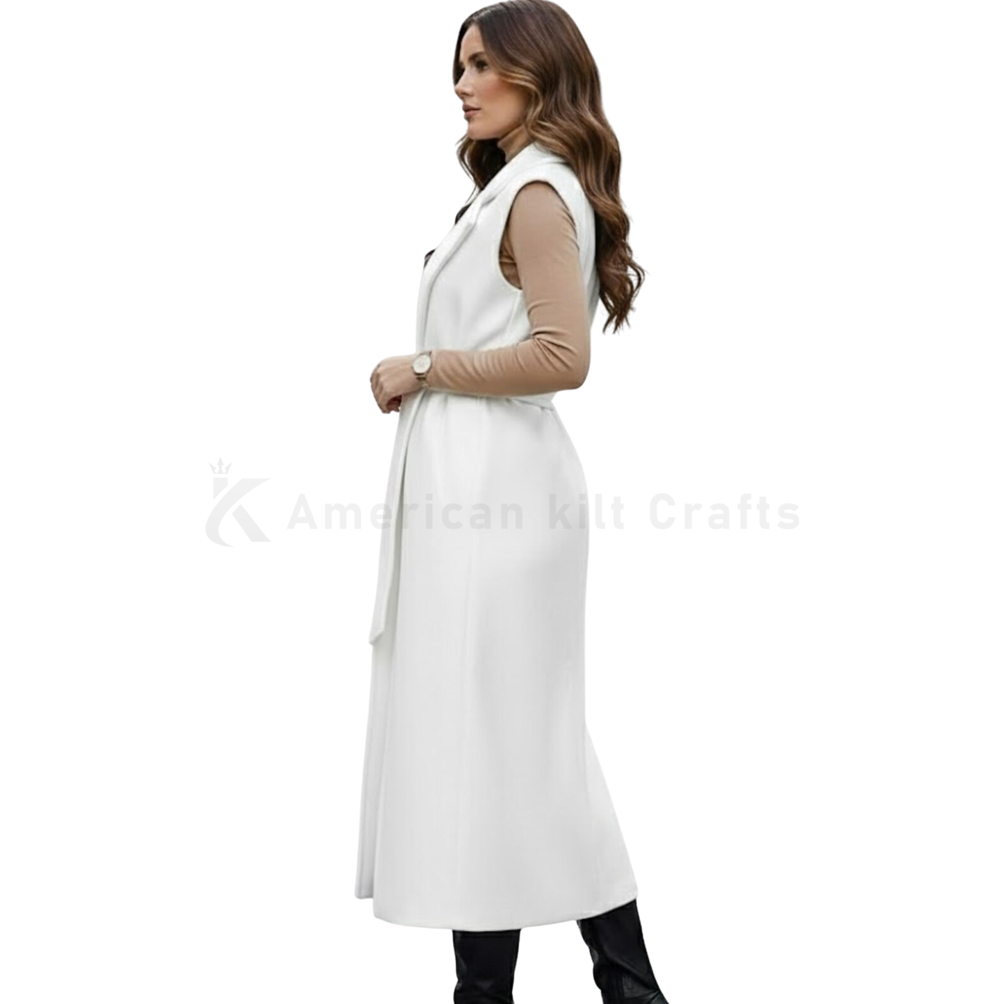 Handmade Elegant Wool Sleeveless Trench Coat for Women – Longline Maxi Belted