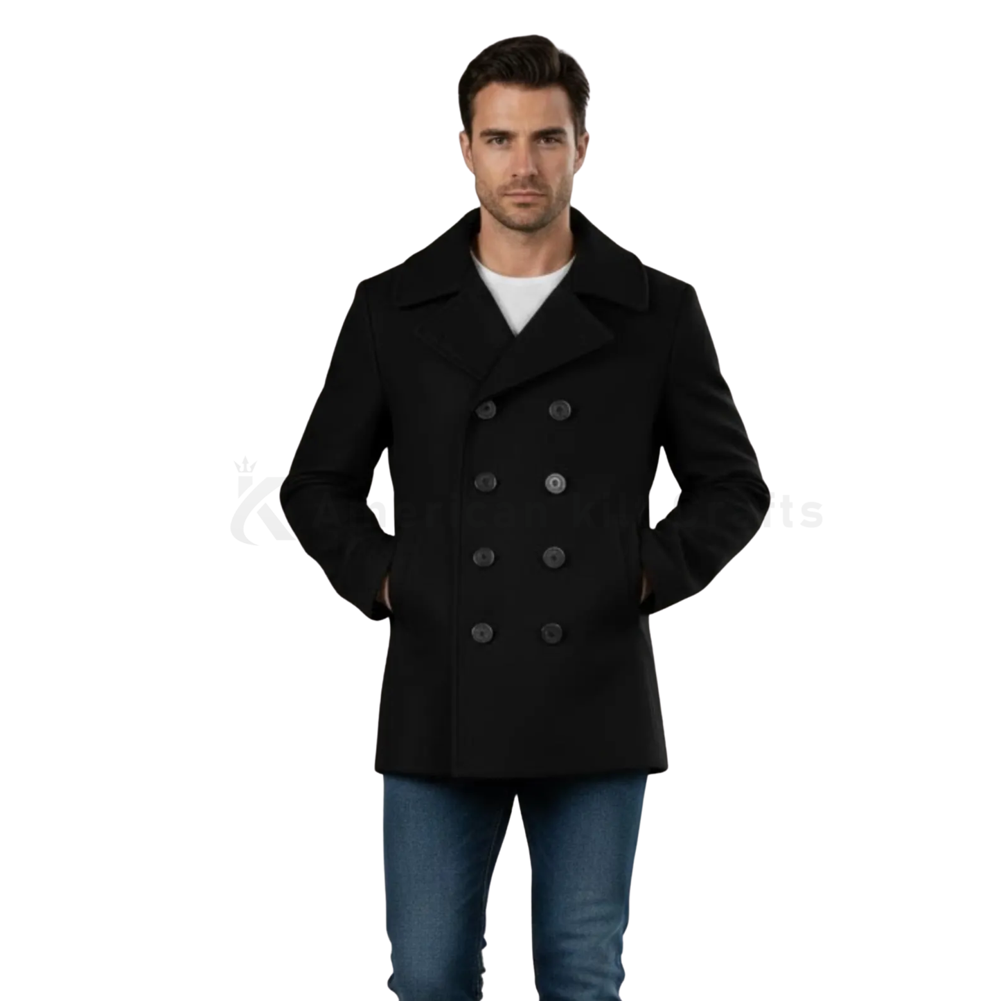 Men’s Black Wool Pea Coat – Heavy Double-Breasted Military Winter Overcoat